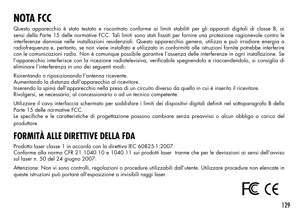 Nota fcc, Formità alle direttive della fda | Bushnell 1000 User Manual | Page 129 / 155