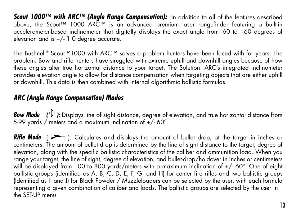 Scout 1000™ with arc™ (angle range compensation), Arc (angle range compensation) modes | Bushnell 1000 User Manual | Page 13 / 155