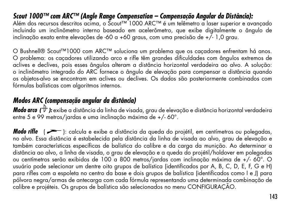 Modos arc (compensação angular da distância) | Bushnell 1000 User Manual | Page 143 / 155