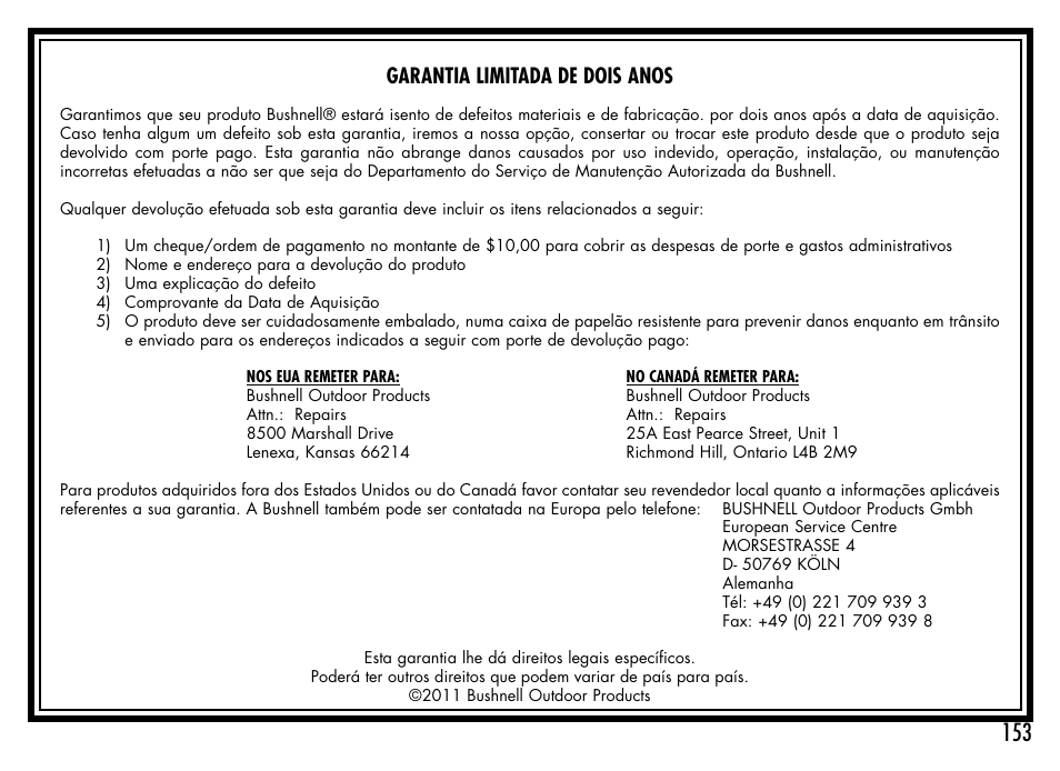 Garantia limitada de dois anos | Bushnell 1000 User Manual | Page 153 / 155