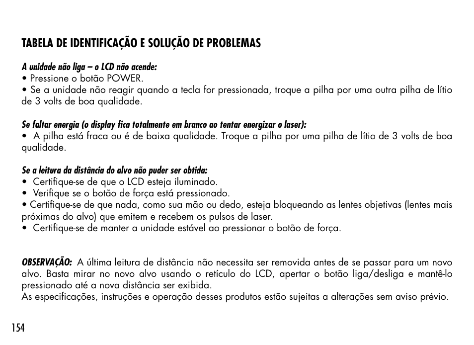Tabela de identificação e solução de problemas | Bushnell 1000 User Manual | Page 154 / 155