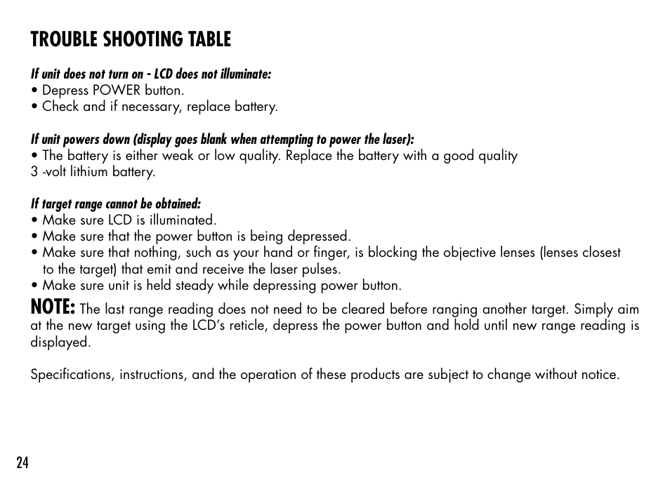 Trouble shooting table | Bushnell 1000 User Manual | Page 24 / 155