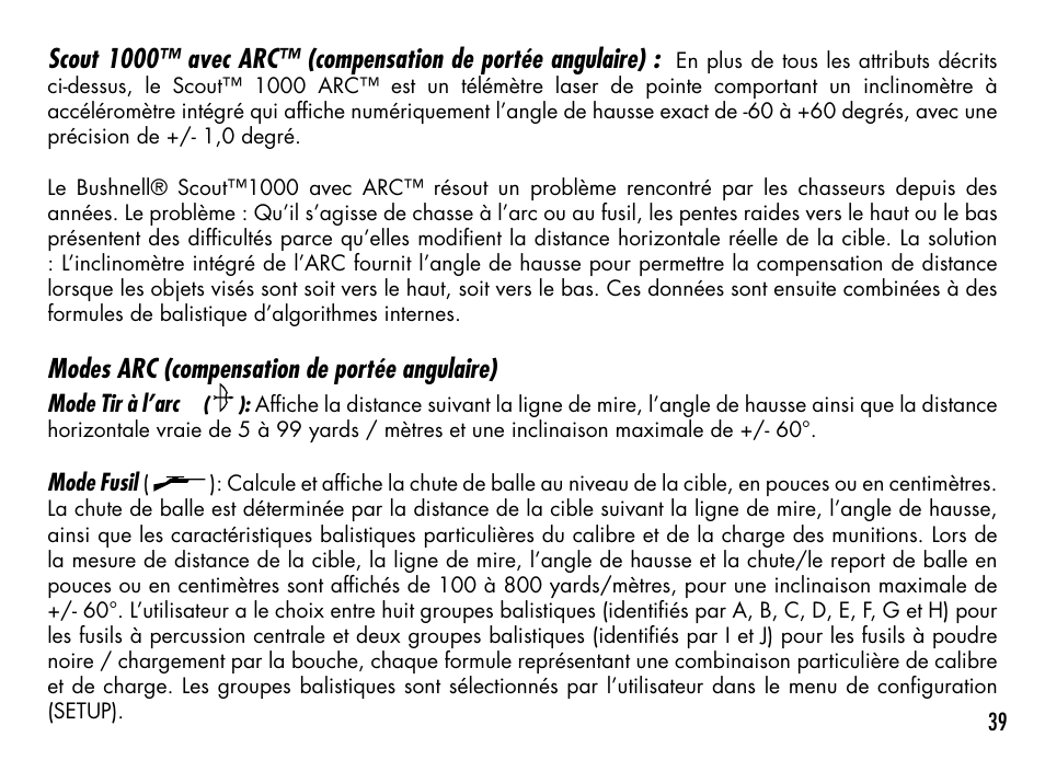 Modes arc (compensation de portée angulaire) | Bushnell 1000 User Manual | Page 39 / 155
