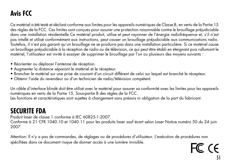 Avis fcc, Securite fda | Bushnell 1000 User Manual | Page 51 / 155