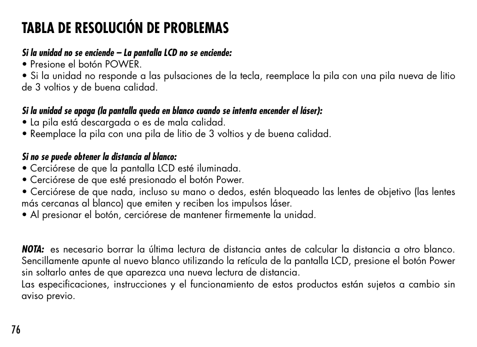 Tabla de resolución de problemas | Bushnell 1000 User Manual | Page 76 / 155
