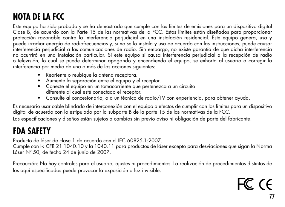 Nota de la fcc, Fda safety | Bushnell 1000 User Manual | Page 77 / 155