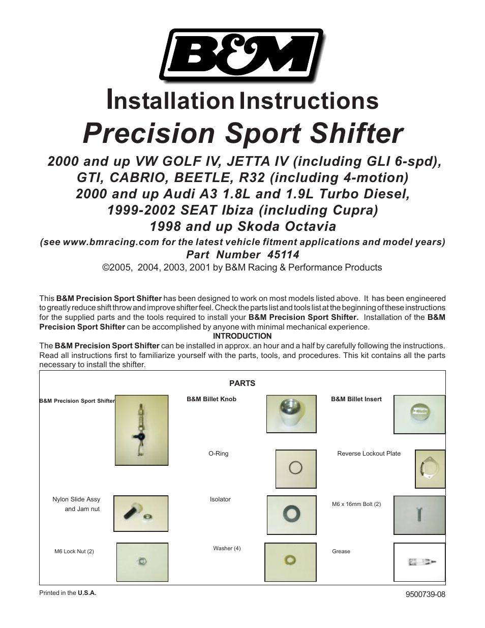 B&M 45114 PRECISION SPORT SHIFTER - 00 - 05 VW GOLF User Manual | 15 pages