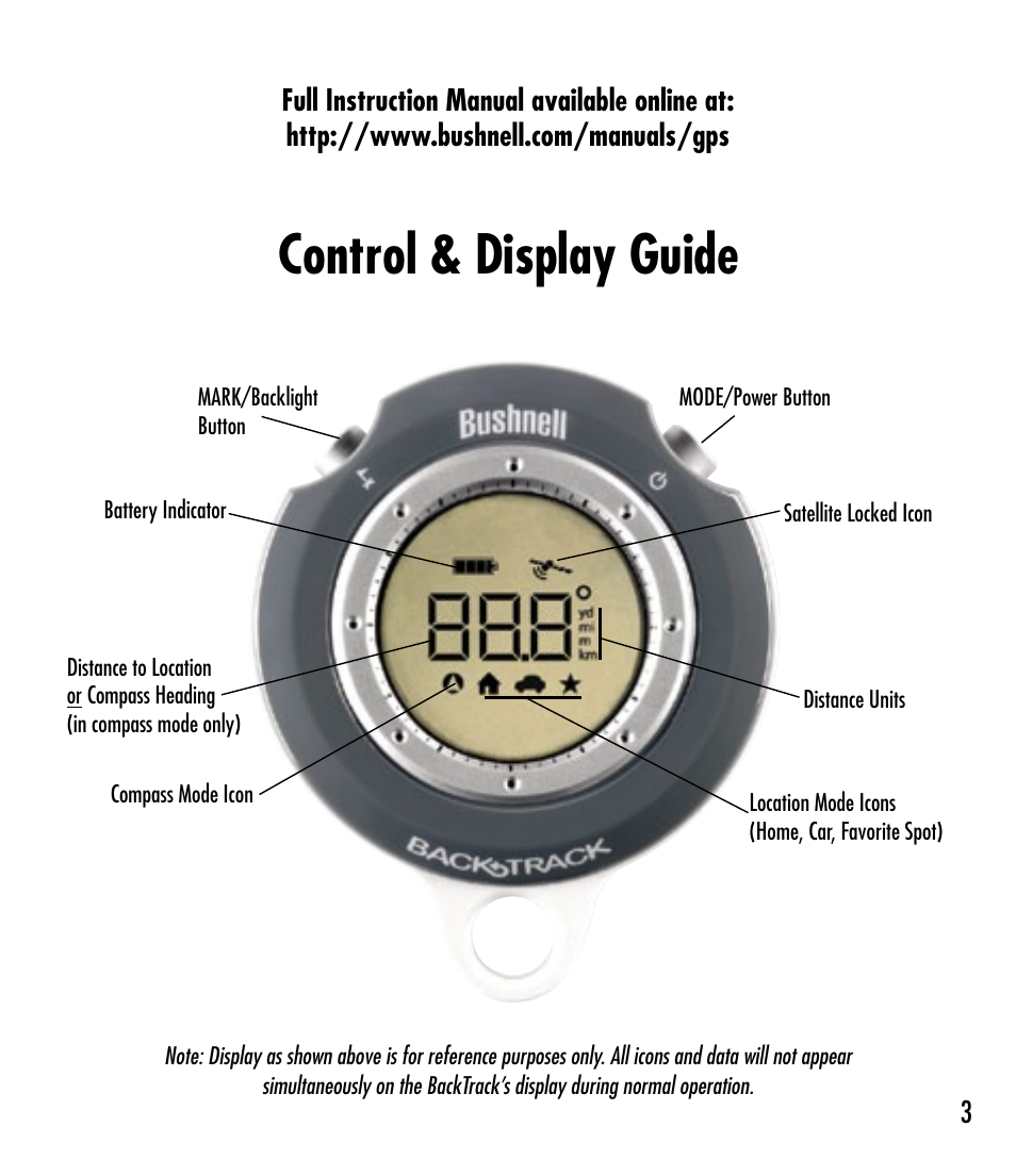 Control & display guide | Bushnell Backtrack 360053 User Manual | Page 3 / 12