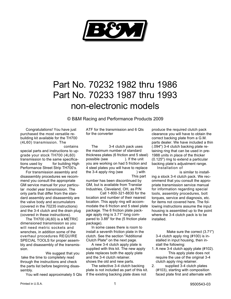 B&M 70233 TRANSKIT User Manual | 4 pages