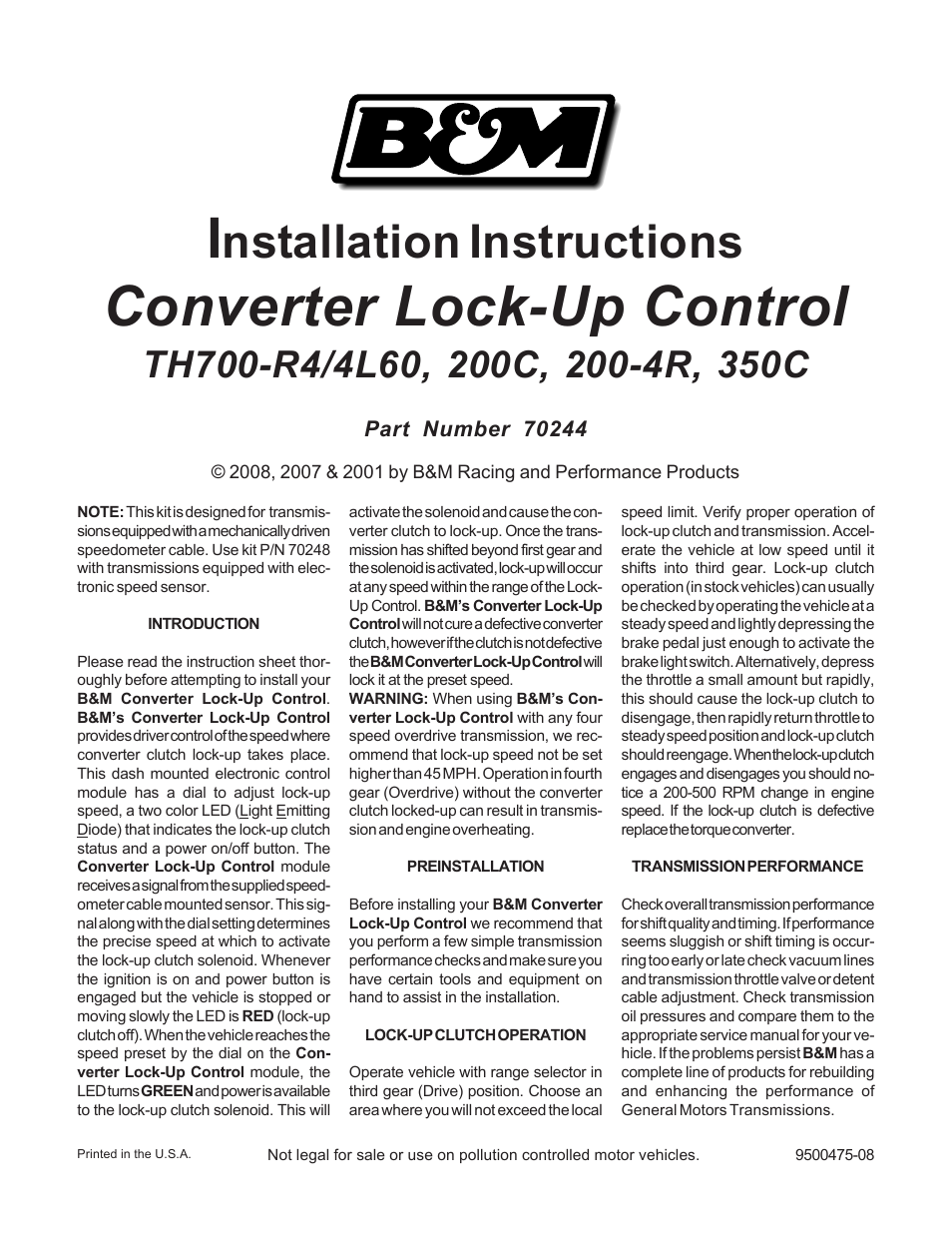 B&M 70244 CONVERTER LOCKUP CNTRL User Manual | 4 pages