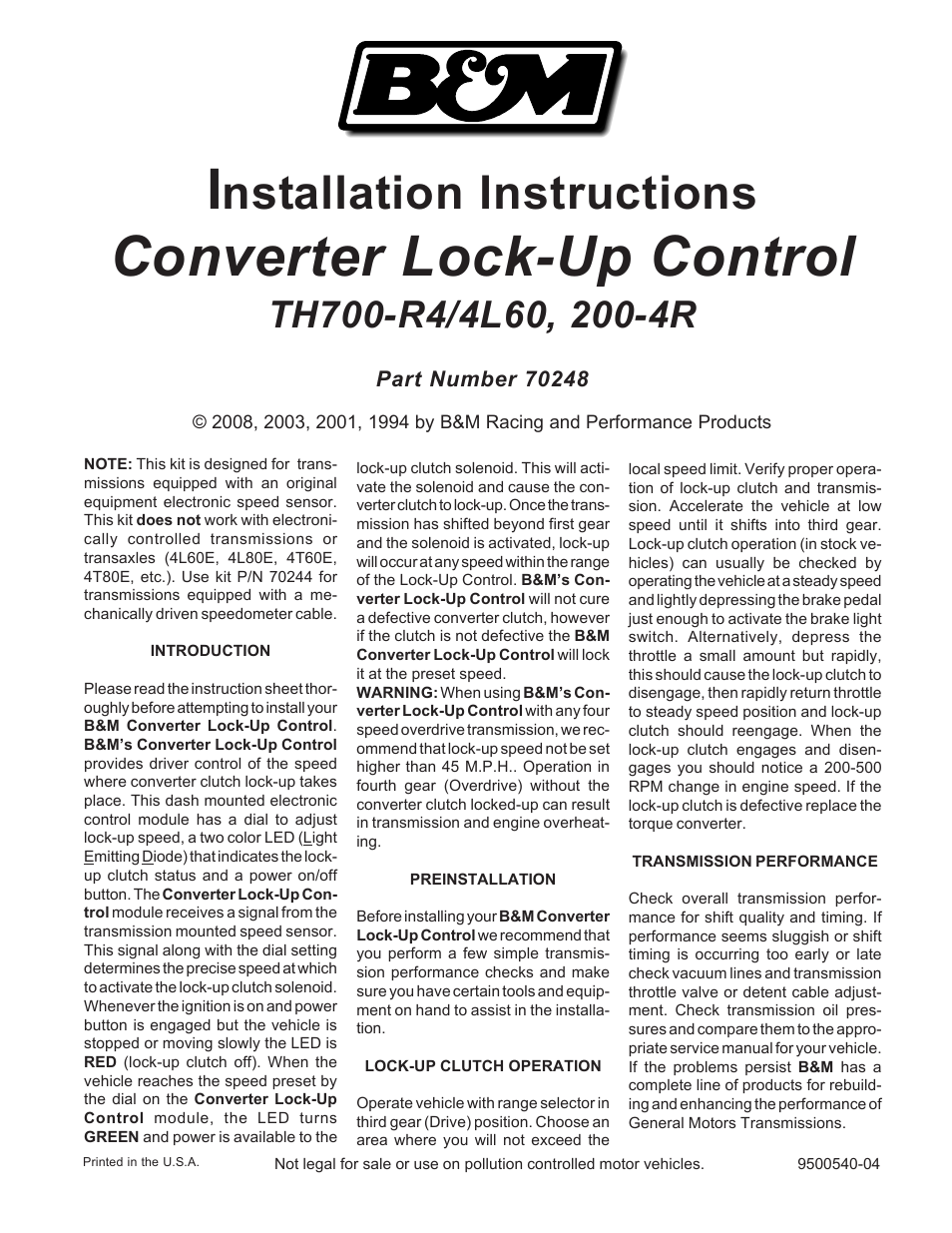 B&M 70248 CONVERTER LOCKUP CNTRL User Manual | 4 pages