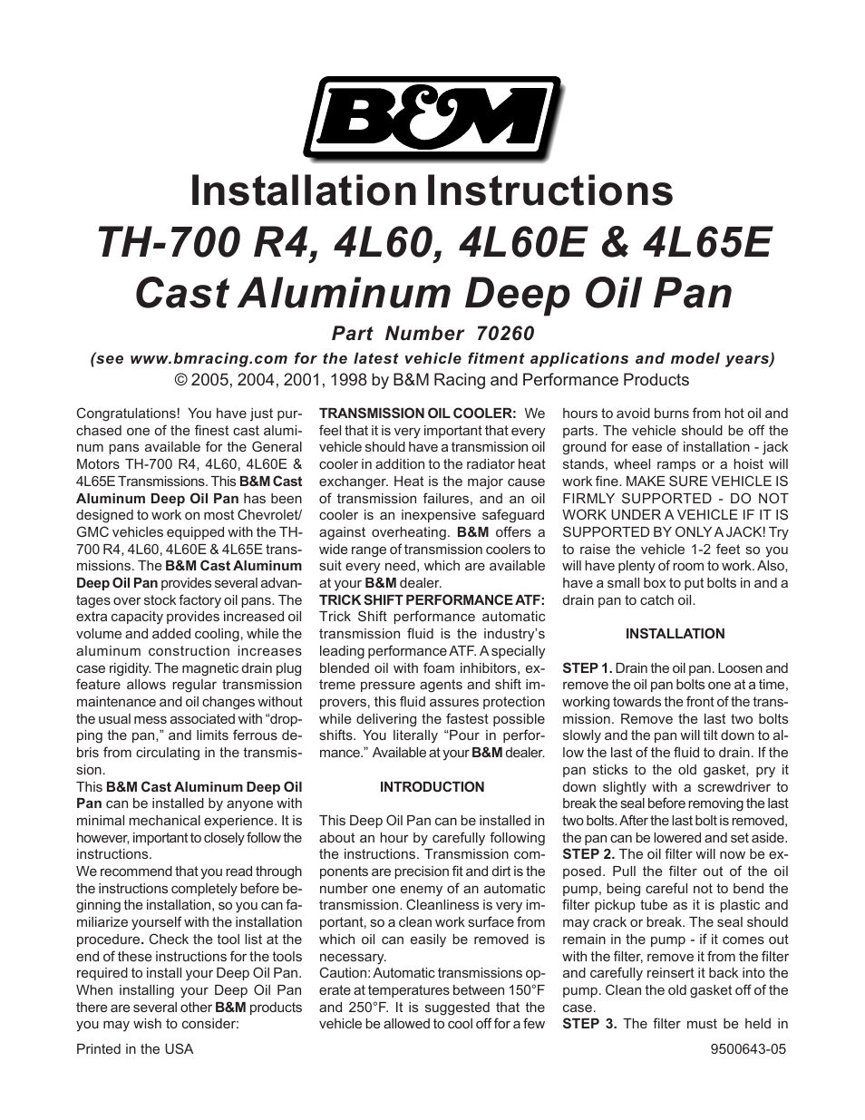 B&M 70260 CAST DEEP PAN User Manual | 2 pages