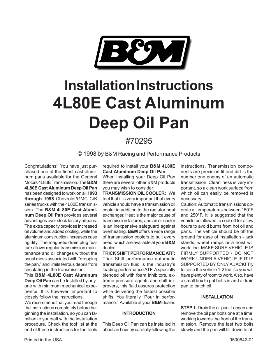 B&M 70295 CAST DEEP PAN User Manual | 2 pages