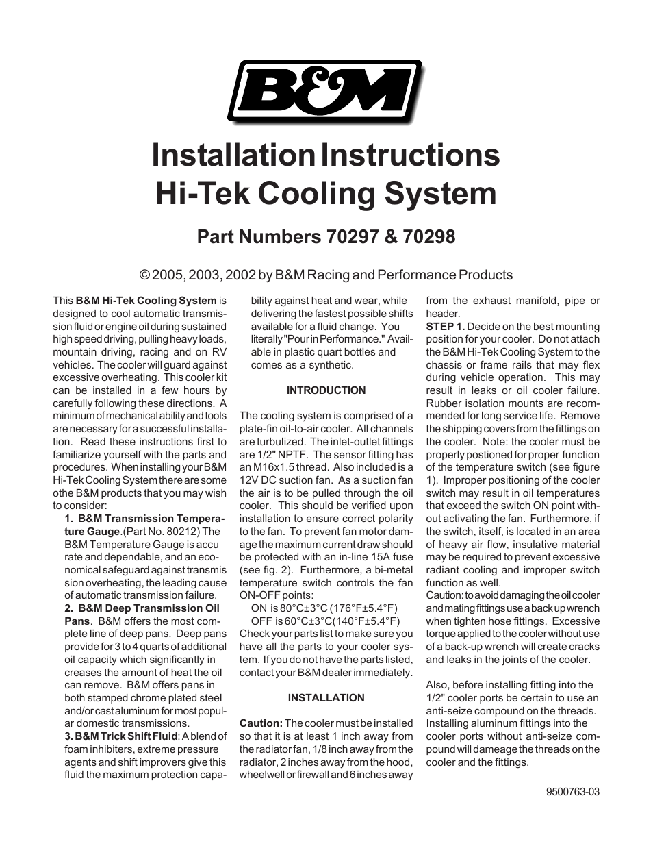 B&M 70298 HI TEK COOLING SYSTEM User Manual | 2 pages