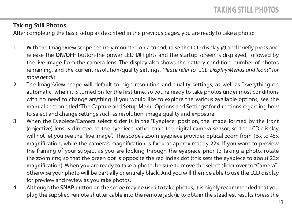 Taking still photos | Bushnell Image View 111545 User Manual | Page 11 / 124
