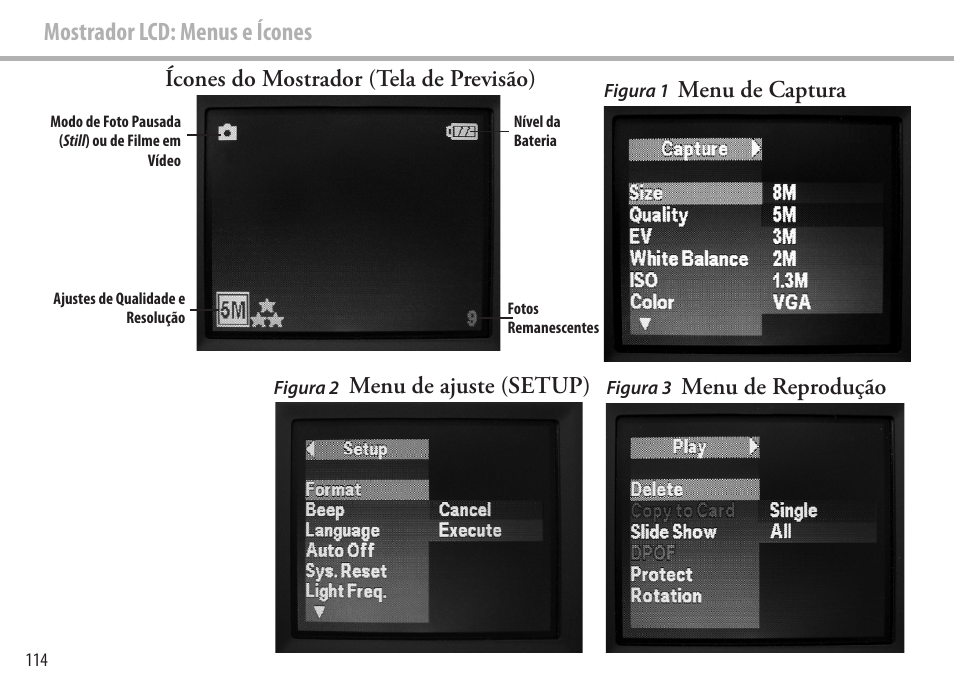Mostrador lcd: menus e ícones, Menu de ajuste (setup), Menu de captura | Menu de reprodução, Ícones do mostrador (tela de previsão) | Bushnell Image View 111545 User Manual | Page 114 / 124