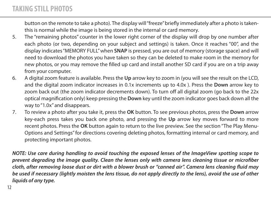 Taking still photos | Bushnell Image View 111545 User Manual | Page 12 / 124