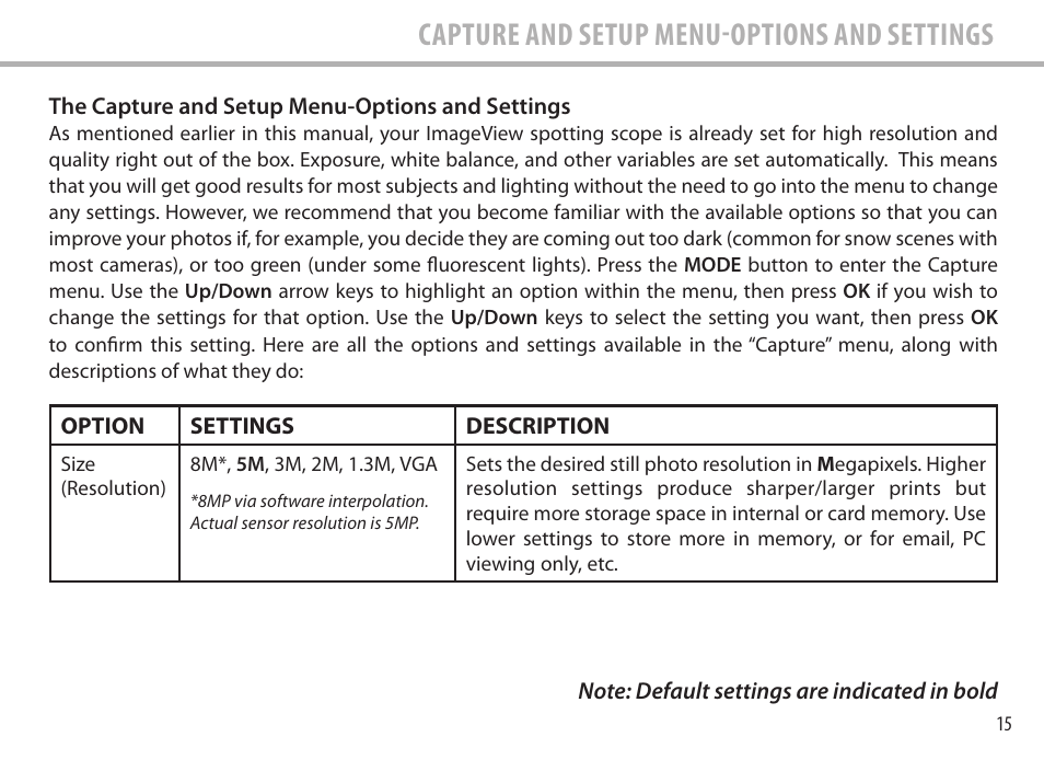 Capture and setup menu-options and settings | Bushnell Image View 111545 User Manual | Page 15 / 124