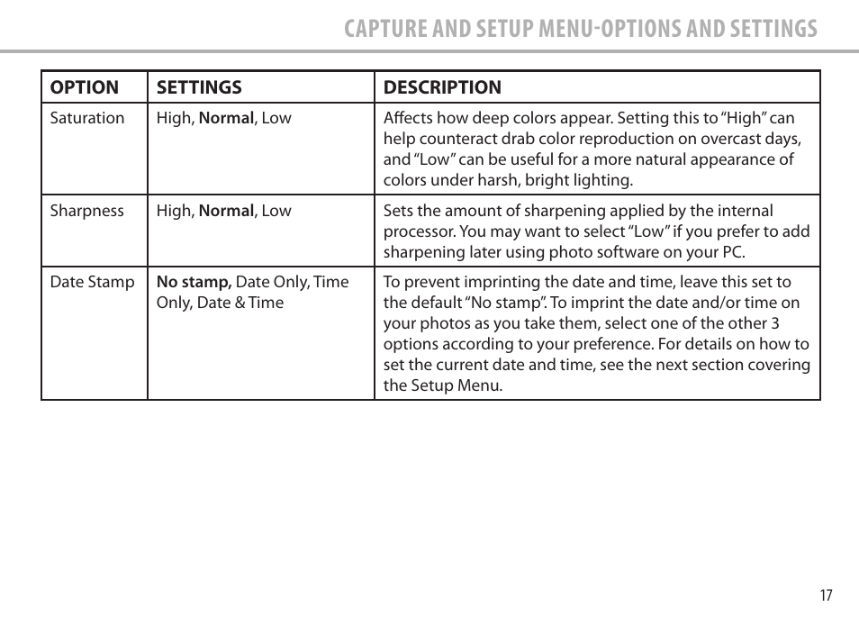 Capture and setup menu-options and settings | Bushnell Image View 111545 User Manual | Page 17 / 124