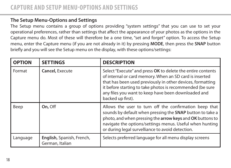 Capture and setup menu-options and settings | Bushnell Image View 111545 User Manual | Page 18 / 124