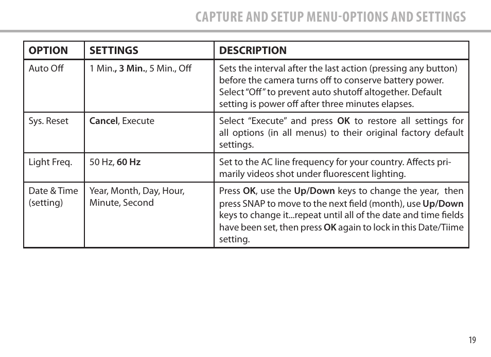 Capture and setup menu-options and settings | Bushnell Image View 111545 User Manual | Page 19 / 124
