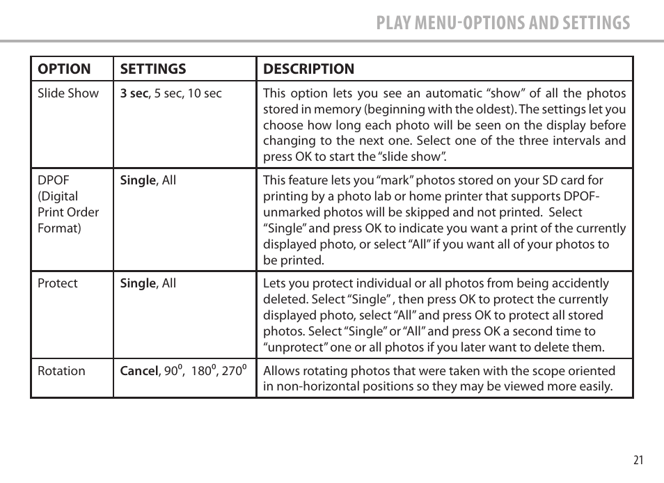Play menu-options and settings | Bushnell Image View 111545 User Manual | Page 21 / 124