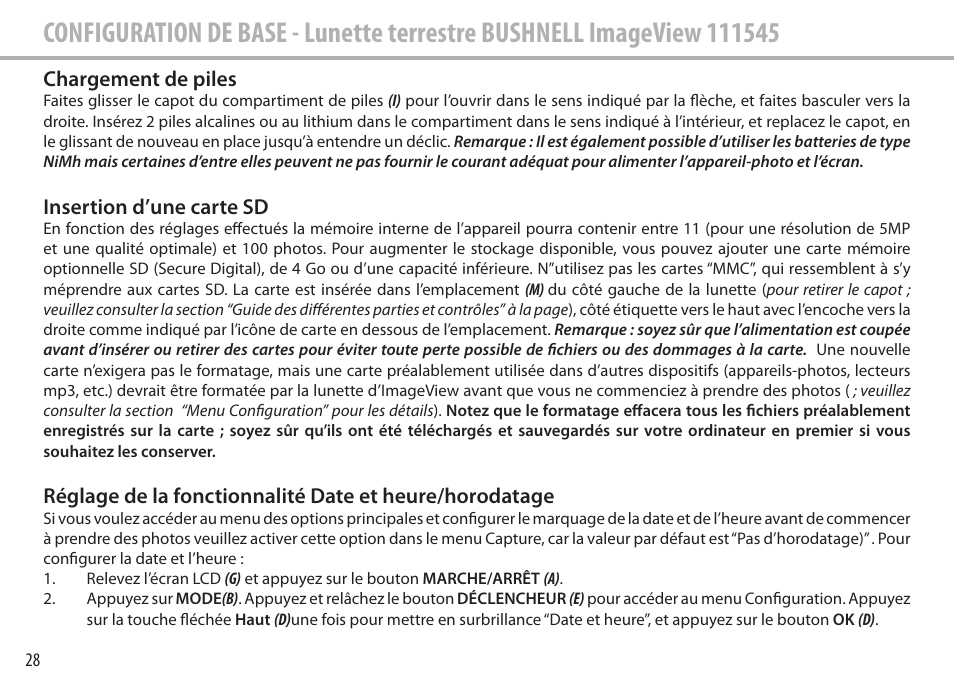 Chargement de piles, Insertion d’une carte sd | Bushnell Image View 111545 User Manual | Page 28 / 124