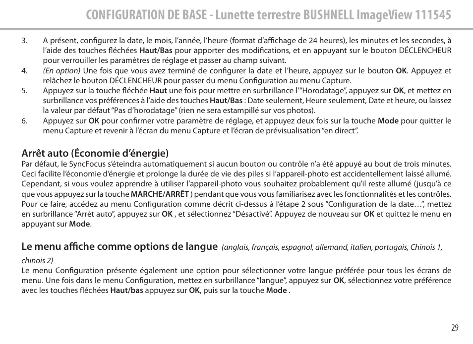 Arrêt auto (économie d’énergie), Le menu affiche comme options de langue | Bushnell Image View 111545 User Manual | Page 29 / 124