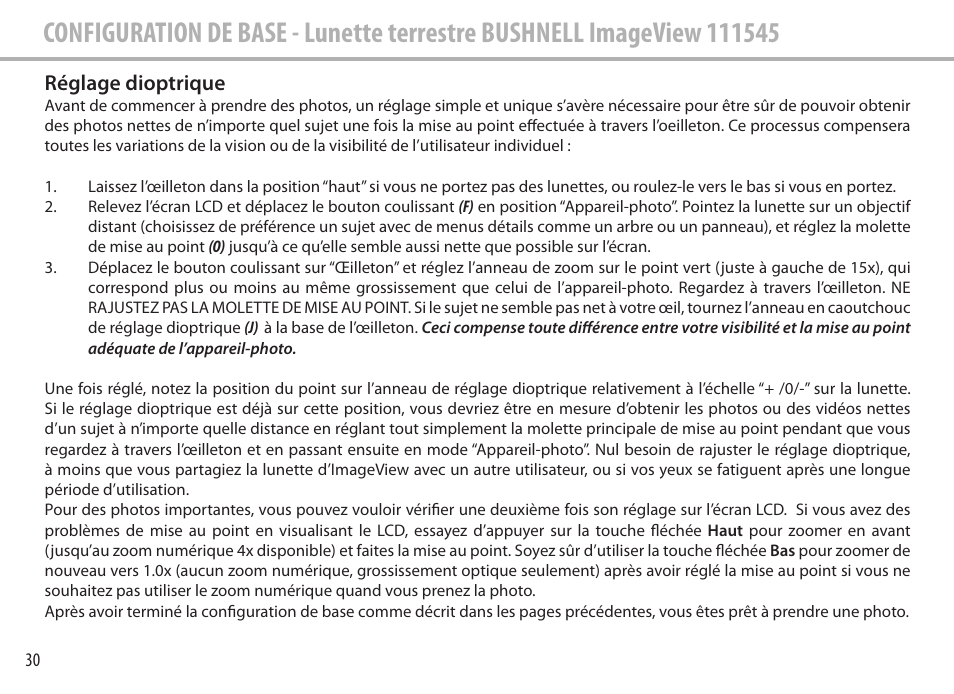 Réglage dioptrique | Bushnell Image View 111545 User Manual | Page 30 / 124