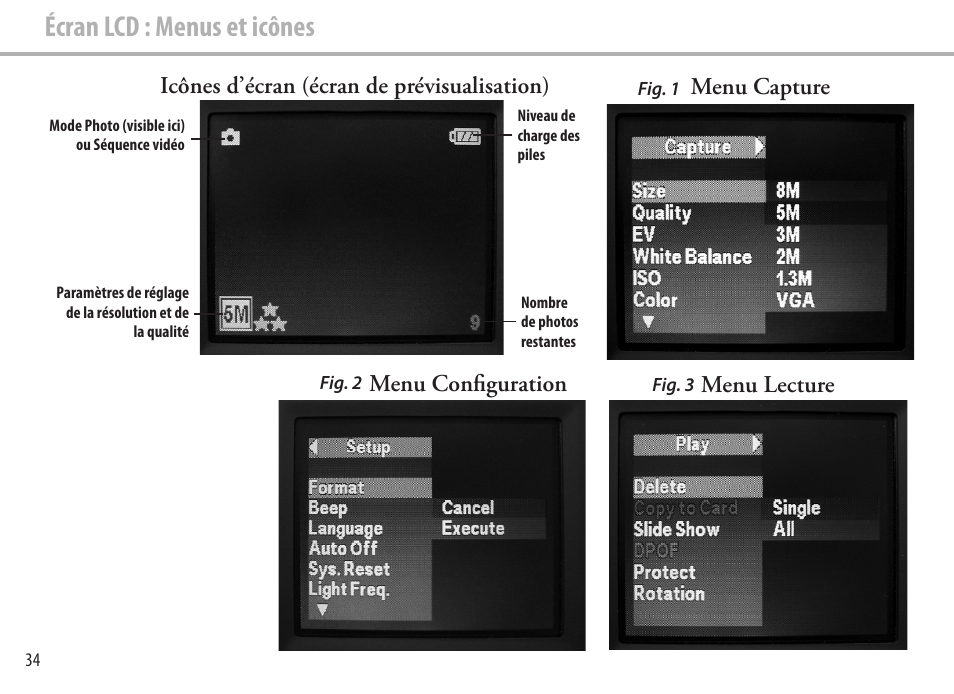 Écran lcd : menus et icônes, Menu configuration, Menu capture | Menu lecture, Icônes d’écran (écran de prévisualisation) | Bushnell Image View 111545 User Manual | Page 34 / 124