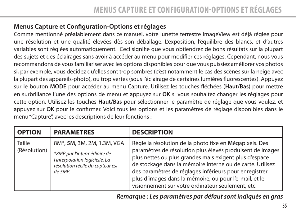 Menus capture et configuration-options et réglages | Bushnell Image View 111545 User Manual | Page 35 / 124