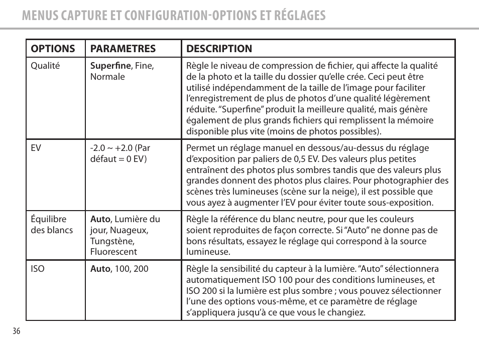 Menus capture et configuration-options et réglages | Bushnell Image View 111545 User Manual | Page 36 / 124