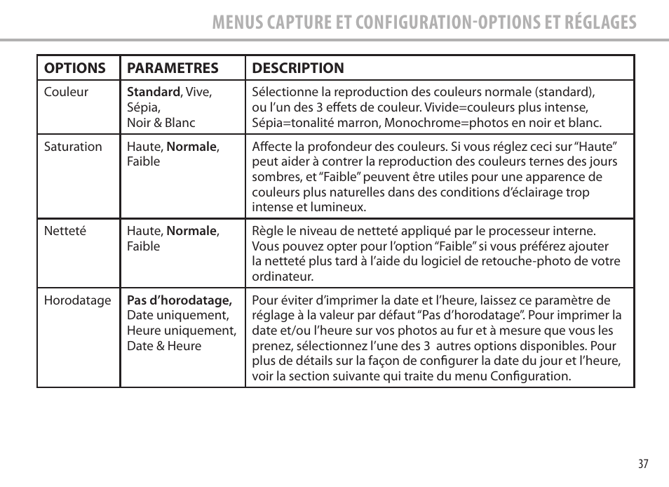 Menus capture et configuration-options et réglages | Bushnell Image View 111545 User Manual | Page 37 / 124