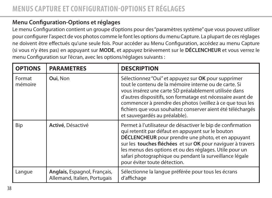 Menus capture et configuration-options et réglages | Bushnell Image View 111545 User Manual | Page 38 / 124