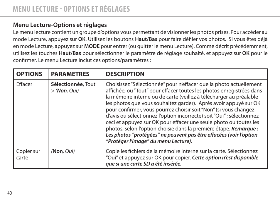 Menu lecture - options et réglages | Bushnell Image View 111545 User Manual | Page 40 / 124