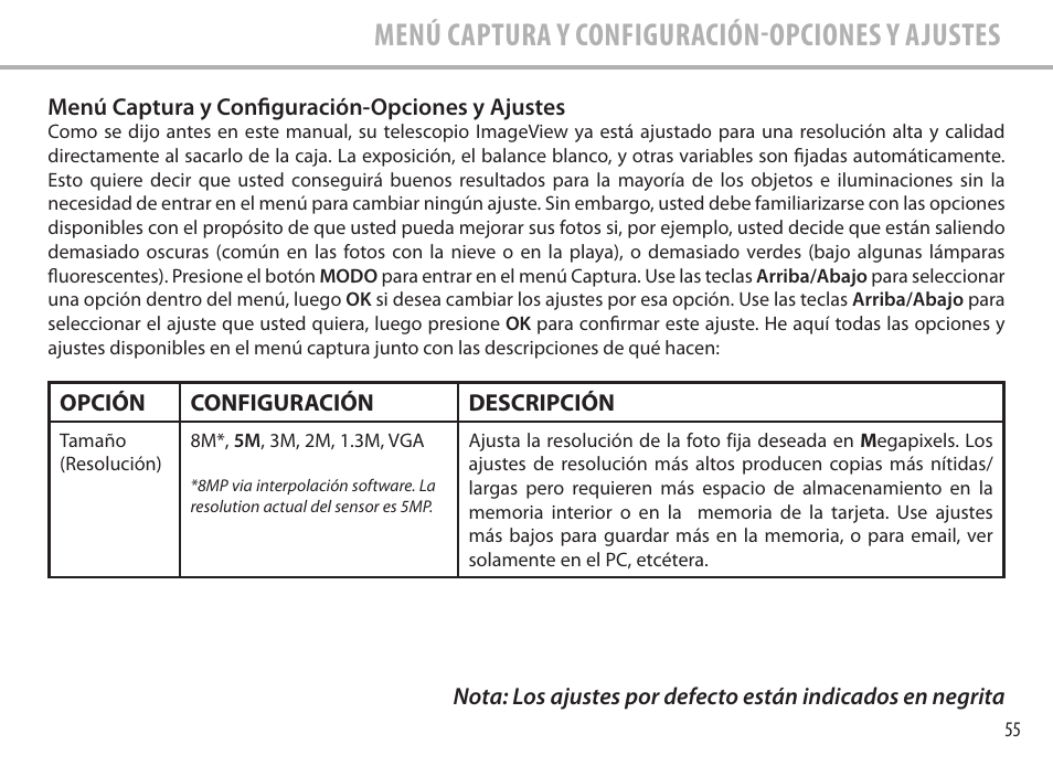 Menú captura y configuración-opciones y ajustes | Bushnell Image View 111545 User Manual | Page 55 / 124