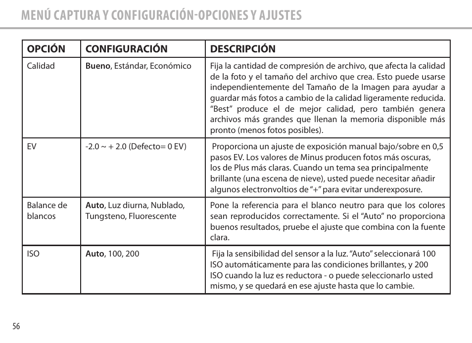 Menú captura y configuración-opciones y ajustes | Bushnell Image View 111545 User Manual | Page 56 / 124