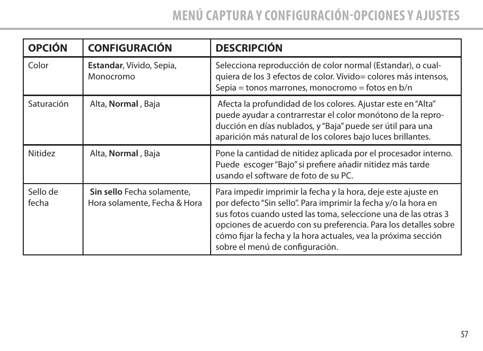 Menú captura y configuración-opciones y ajustes | Bushnell Image View 111545 User Manual | Page 57 / 124