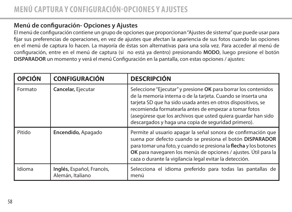 Menú captura y configuración-opciones y ajustes | Bushnell Image View 111545 User Manual | Page 58 / 124