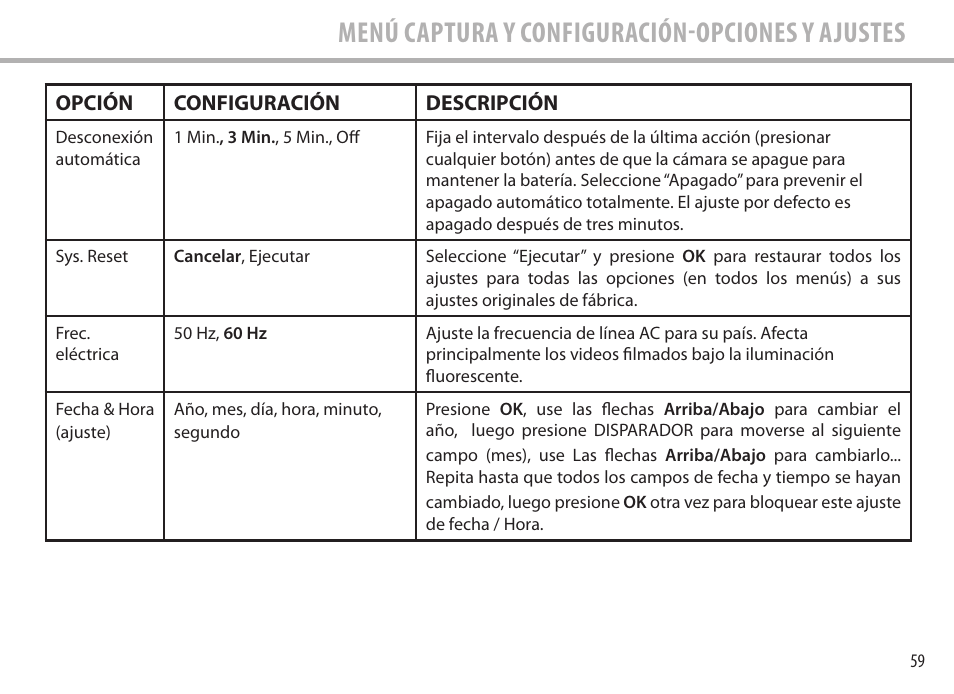 Menú captura y configuración-opciones y ajustes | Bushnell Image View 111545 User Manual | Page 59 / 124