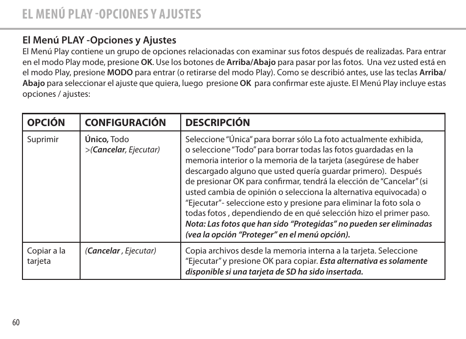 El menú play -opciones y ajustes | Bushnell Image View 111545 User Manual | Page 60 / 124