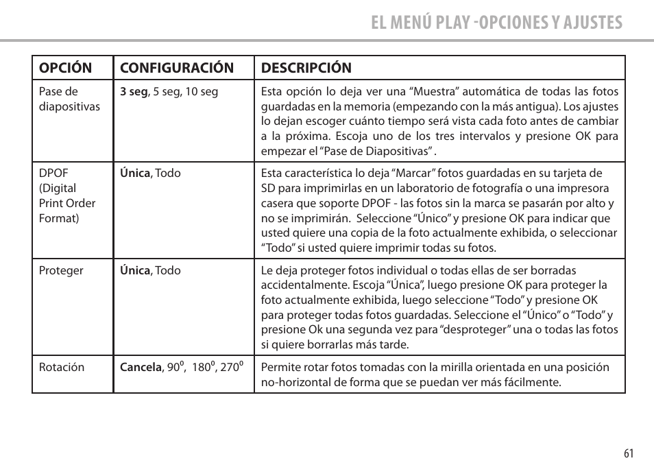 El menú play -opciones y ajustes | Bushnell Image View 111545 User Manual | Page 61 / 124