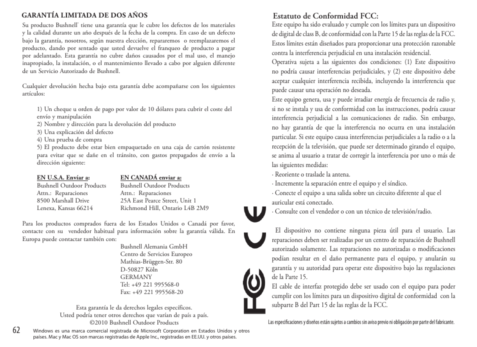Estatuto de conformidad fcc | Bushnell Image View 111545 User Manual | Page 62 / 124