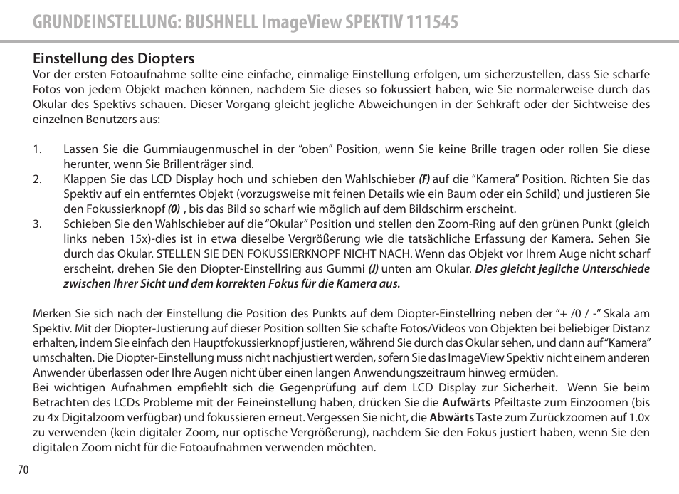 Einstellung des diopters | Bushnell Image View 111545 User Manual | Page 70 / 124