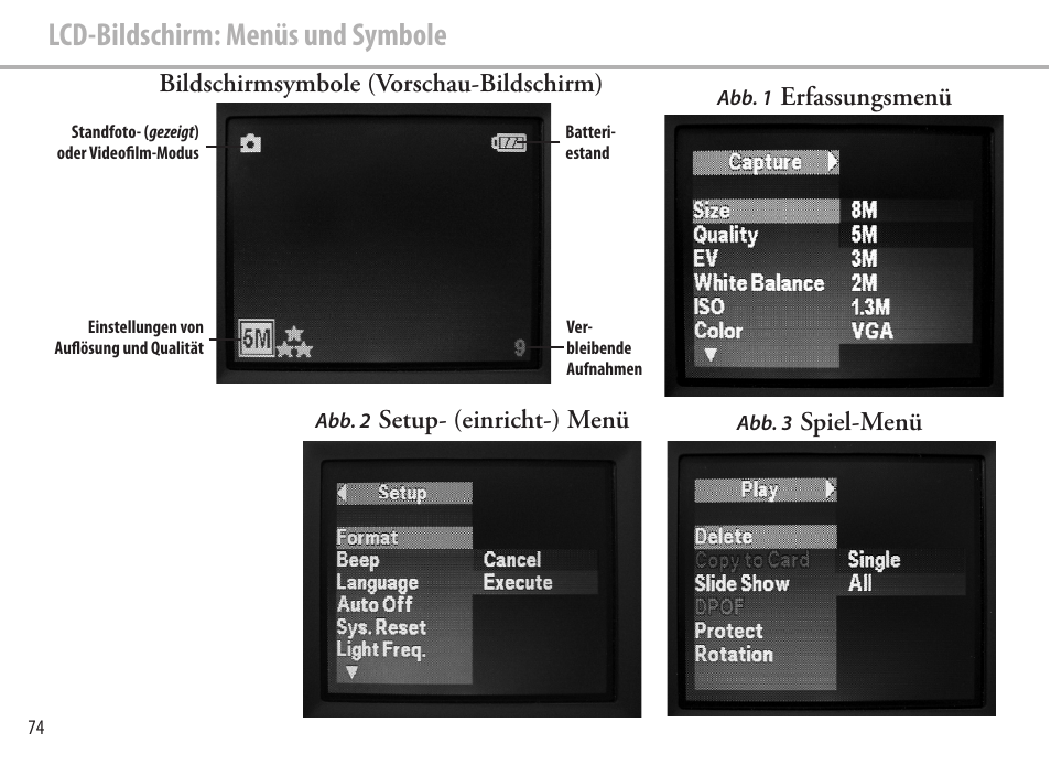 Lcd-bildschirm: menüs und symbole, Setup- (einricht-) menü, Erfassungsmenü | Spiel-menü bildschirmsymbole (vorschau-bildschirm) | Bushnell Image View 111545 User Manual | Page 74 / 124