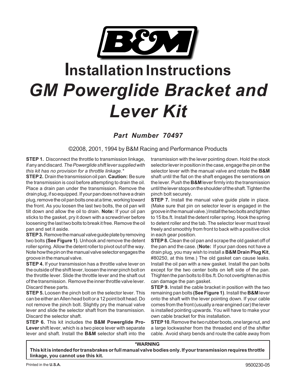 B&M 70497 BRACKET AND LEVER KIT User Manual | 2 pages