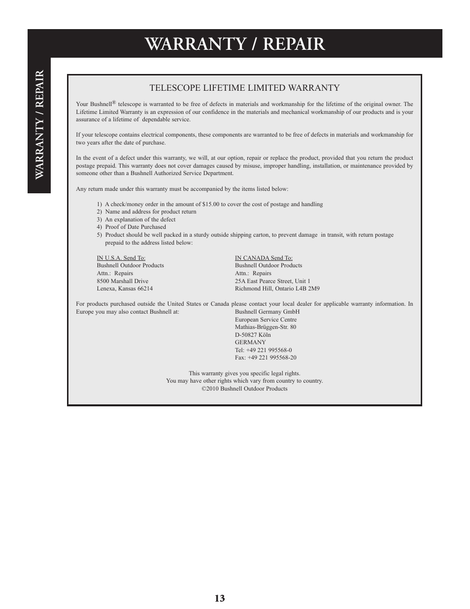 Warranty / repair, Wa rr an t y / rep a ir, Telescope lifetime limited warranty | Bushnell Voyager Sky Tour 78-9970 User Manual | Page 13 / 74