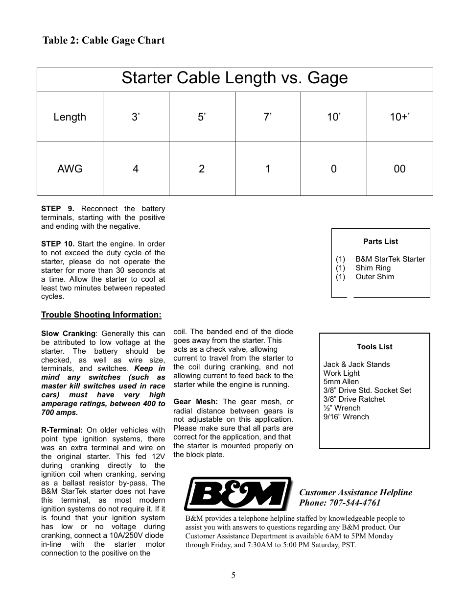 Starter cable length vs. gage, Table 2: cable gage chart | B&M 77101 STARTER, FORD, 3/8 DEPTH FLYWHEEL, 289, 302, 351W, 164 T MANUAL User Manual | Page 5 / 5