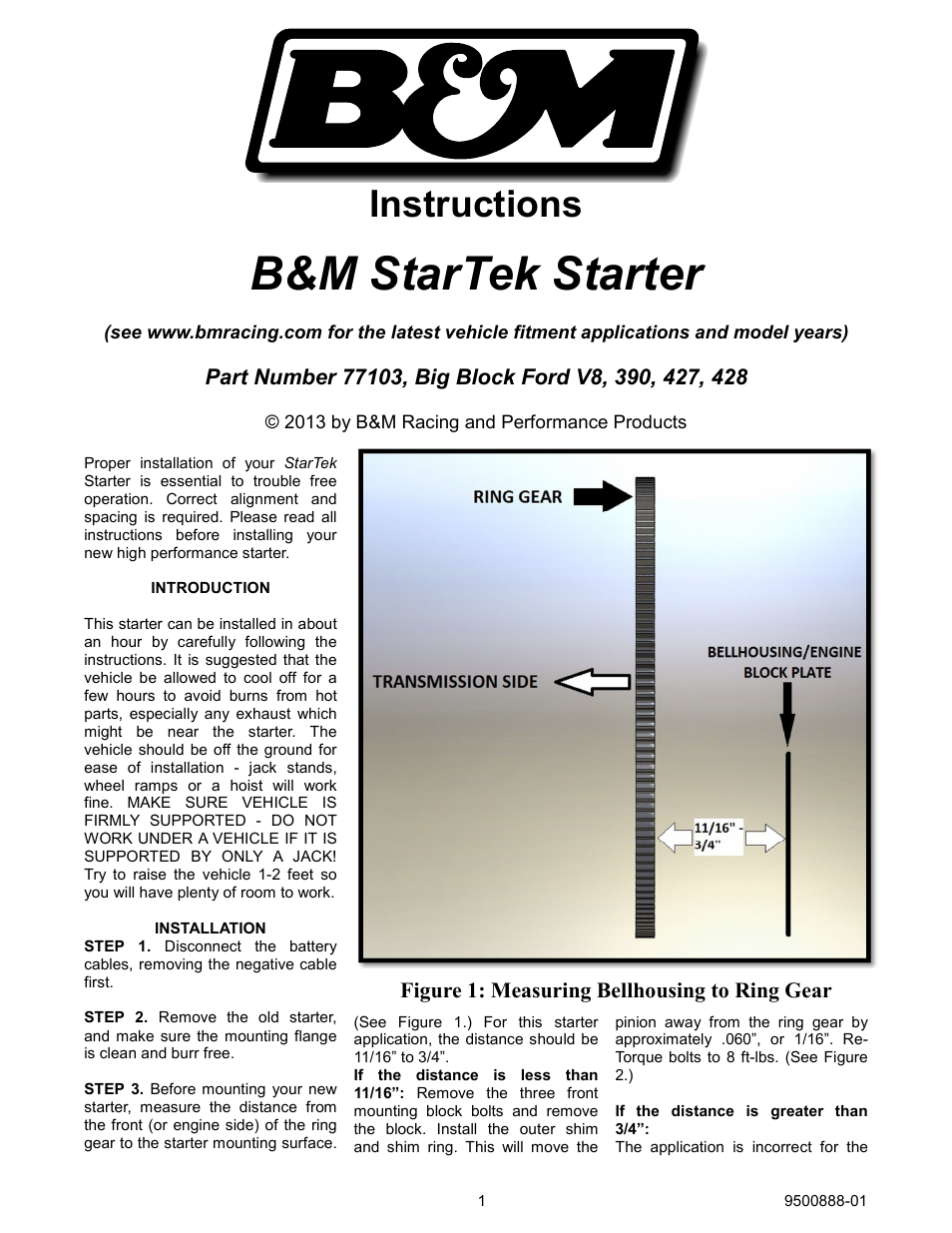 B&M 77103 Startek Starter, Ford Big Block FE, 390, 427, 428 User Manual | 4 pages