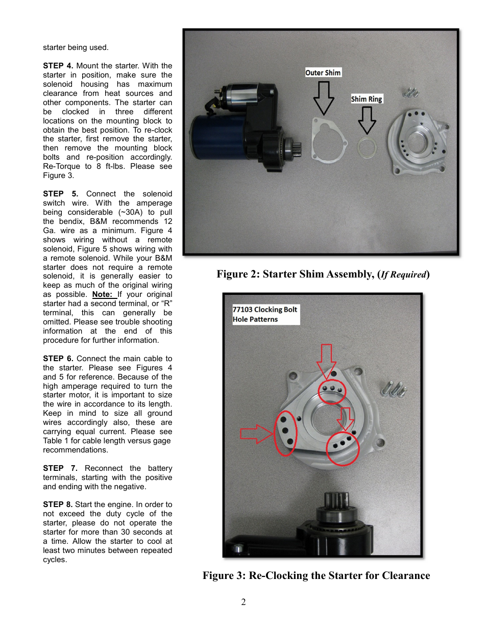 Figure 2: starter shim assembly, Figure 3: re-clocking the starter for clearance | B&M 77103 Startek Starter, Ford Big Block FE, 390, 427, 428 User Manual | Page 2 / 4